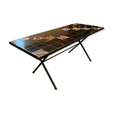 Dining table with metal base in X and painted ceramic tile cladding, 50s.