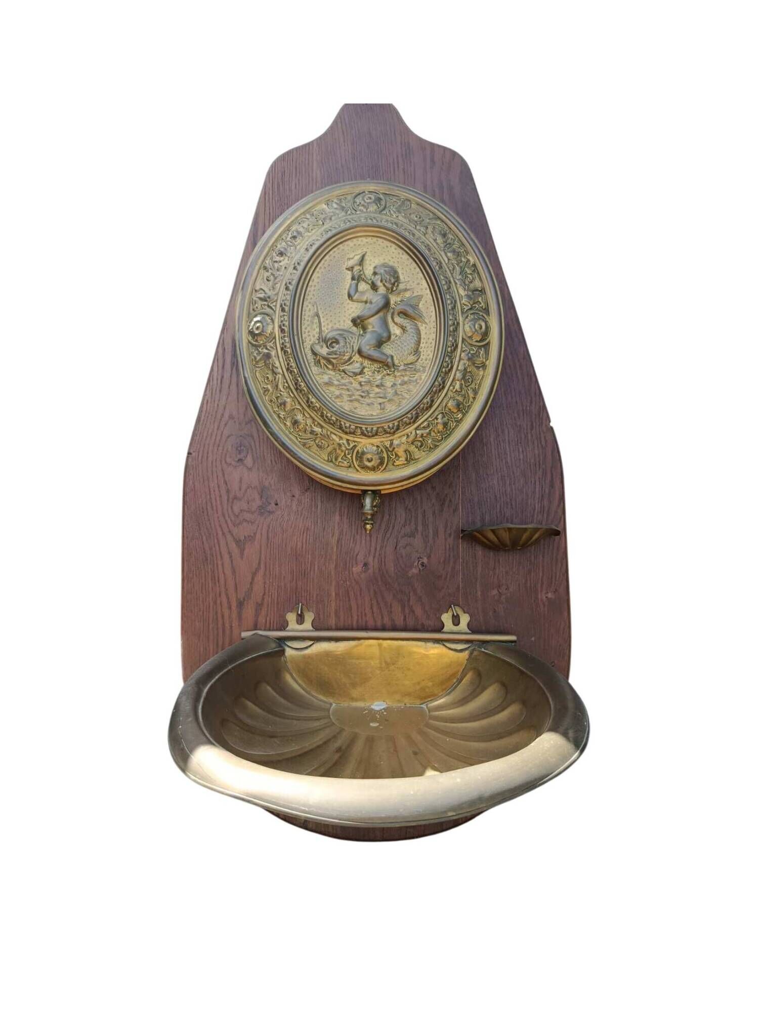 Antique wall-mounted washbasin in brass and wood – cherub decoration, 19th century style