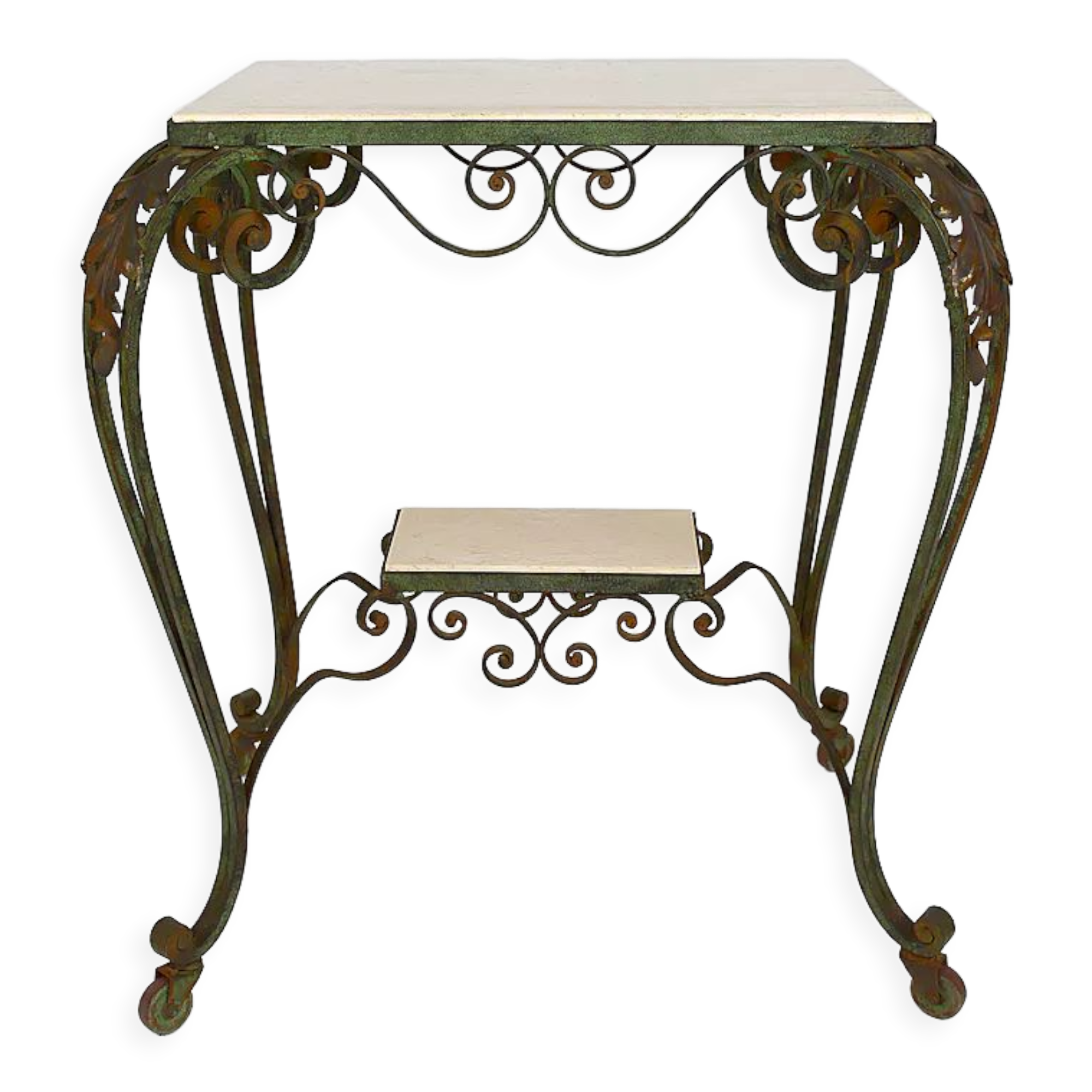 Art deco rolling service in wrought iron and travertine, france, 1940s