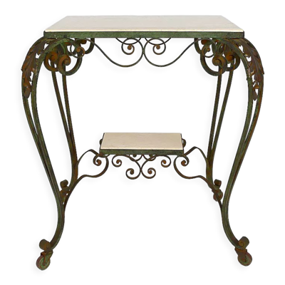 Desserte roulante art déco en fer forgé et travertin, france, 1940s