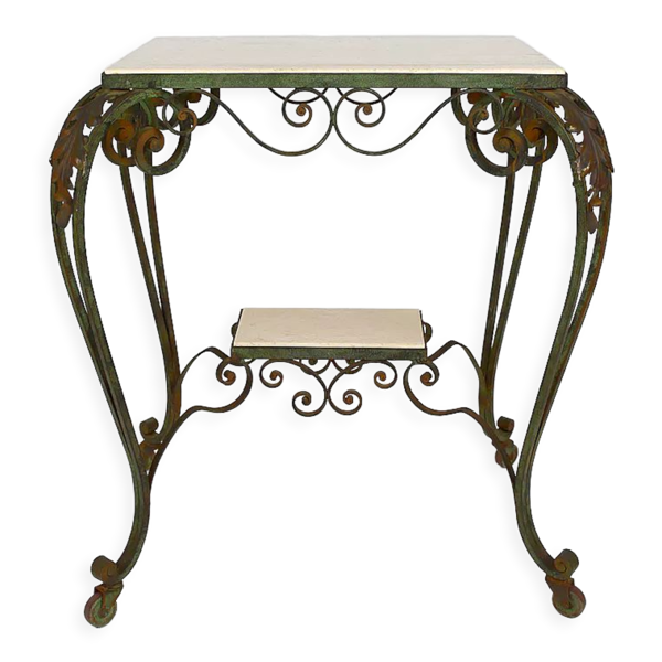 Desserte roulante art déco en fer forgé et travertin, france, 1940s