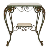Desserte roulante art déco en fer forgé et travertin, france, 1940s