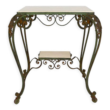 Desserte roulante art déco en fer forgé et travertin, france, 1940s