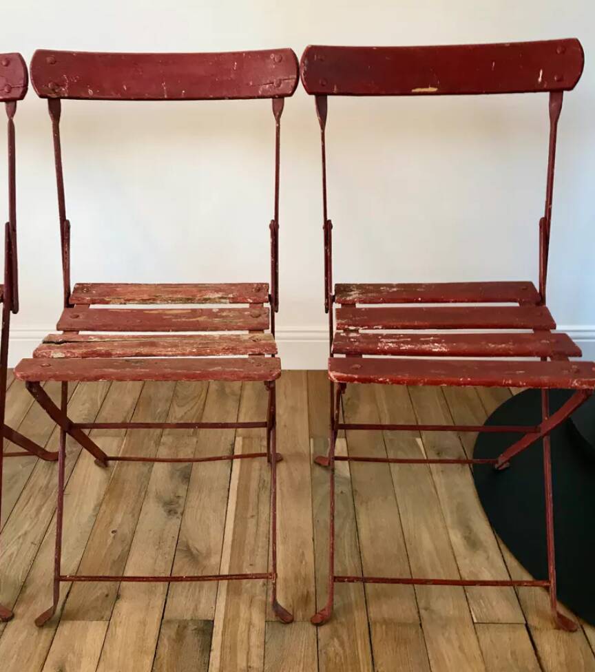 set of 4 folding iron and wood garden chairs early twentieth century