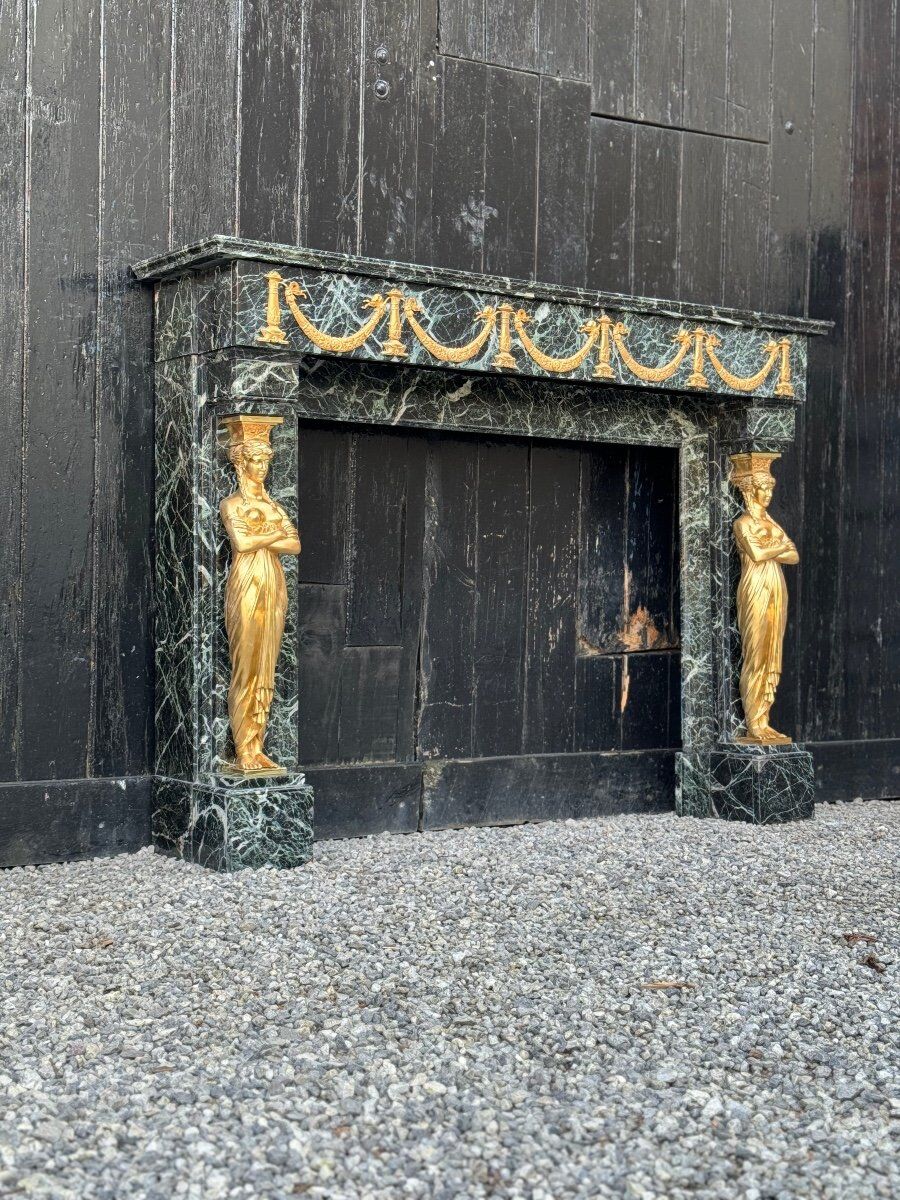 Empire style fireplace in antique green marble and gilded bronzes circa 1880