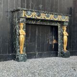 Empire style fireplace in antique green marble and gilded bronzes circa 1880