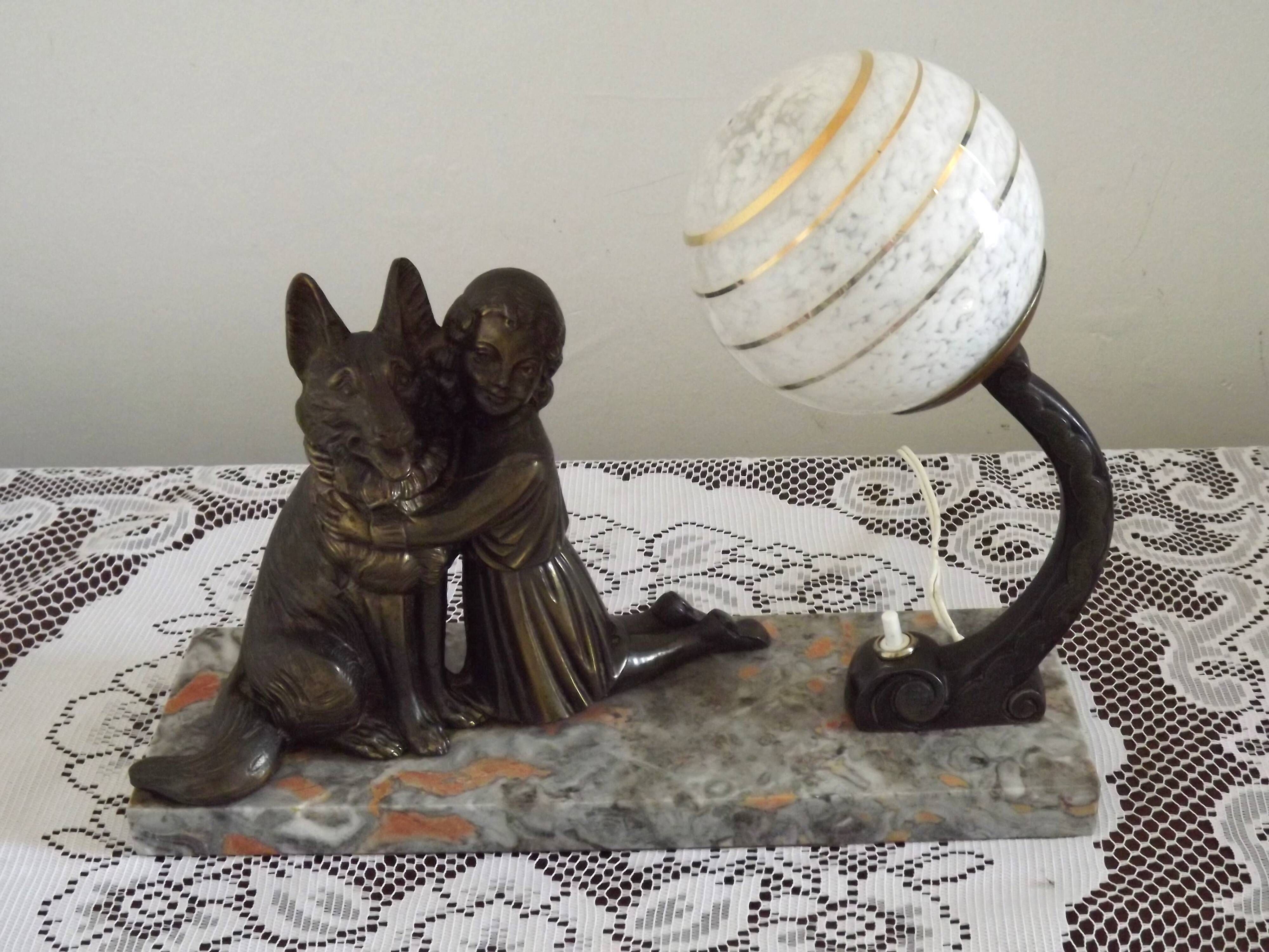 French Art Deco Table Lamp – Kneeling Girl with Dog & Clichy Glass Shade