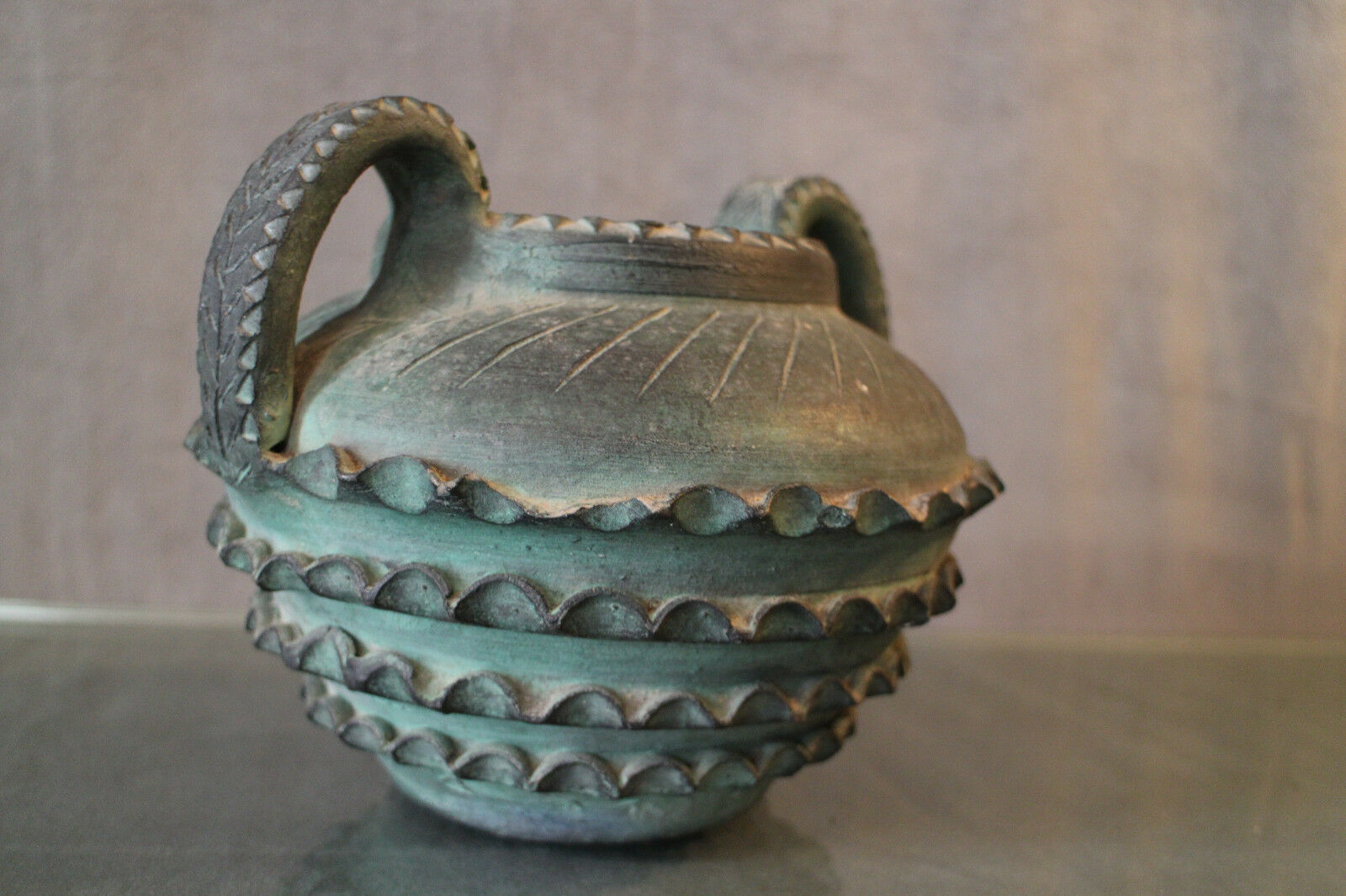 Terracotta vase with ceramic bronze green patina vase