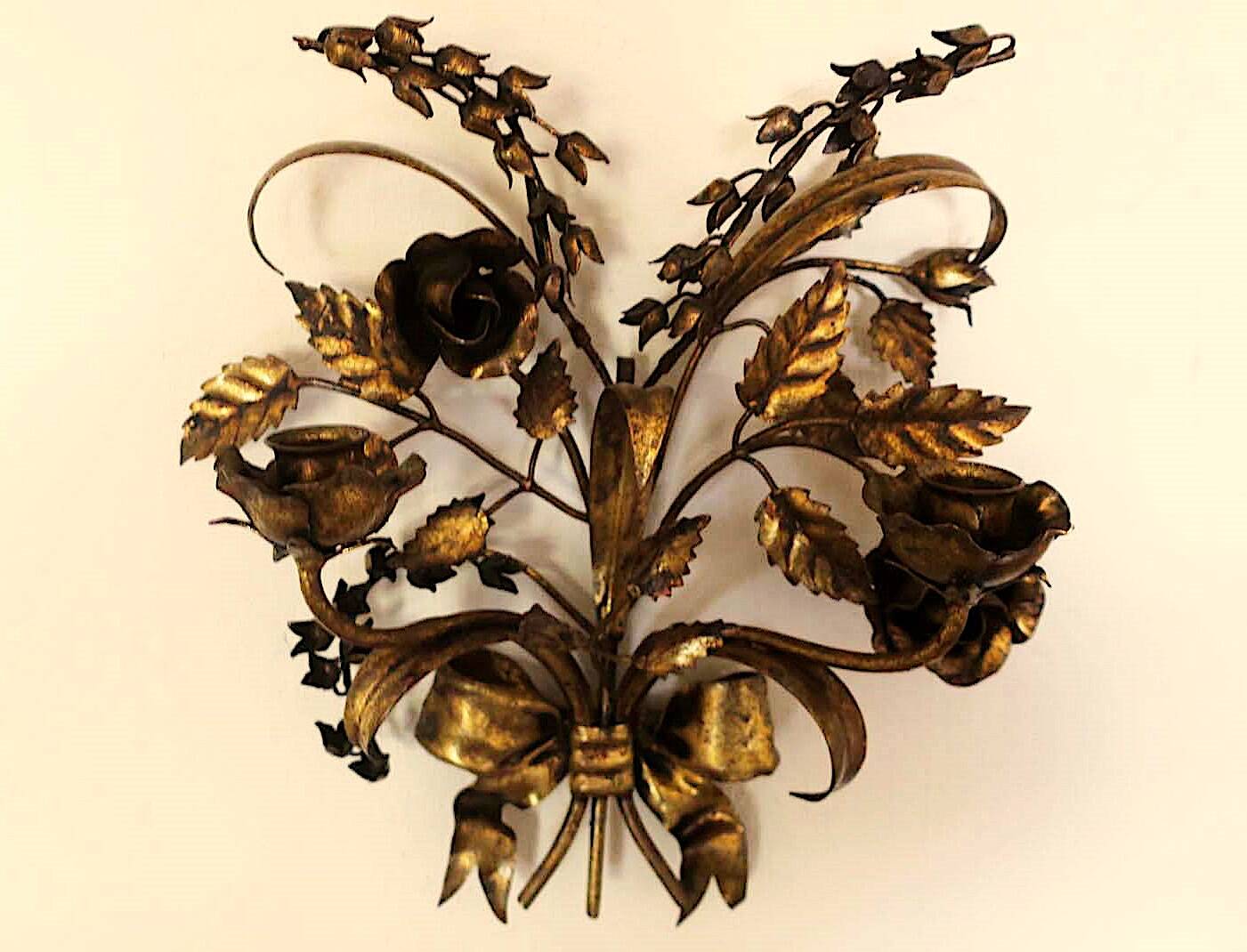 Pair of gold plated wall double candleholders with roses by Hans Kögl, 1960