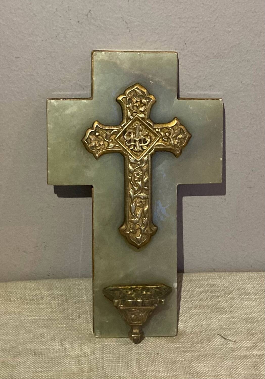 Art Deco holy water font in bronze, onyx and brass from the early 20th century