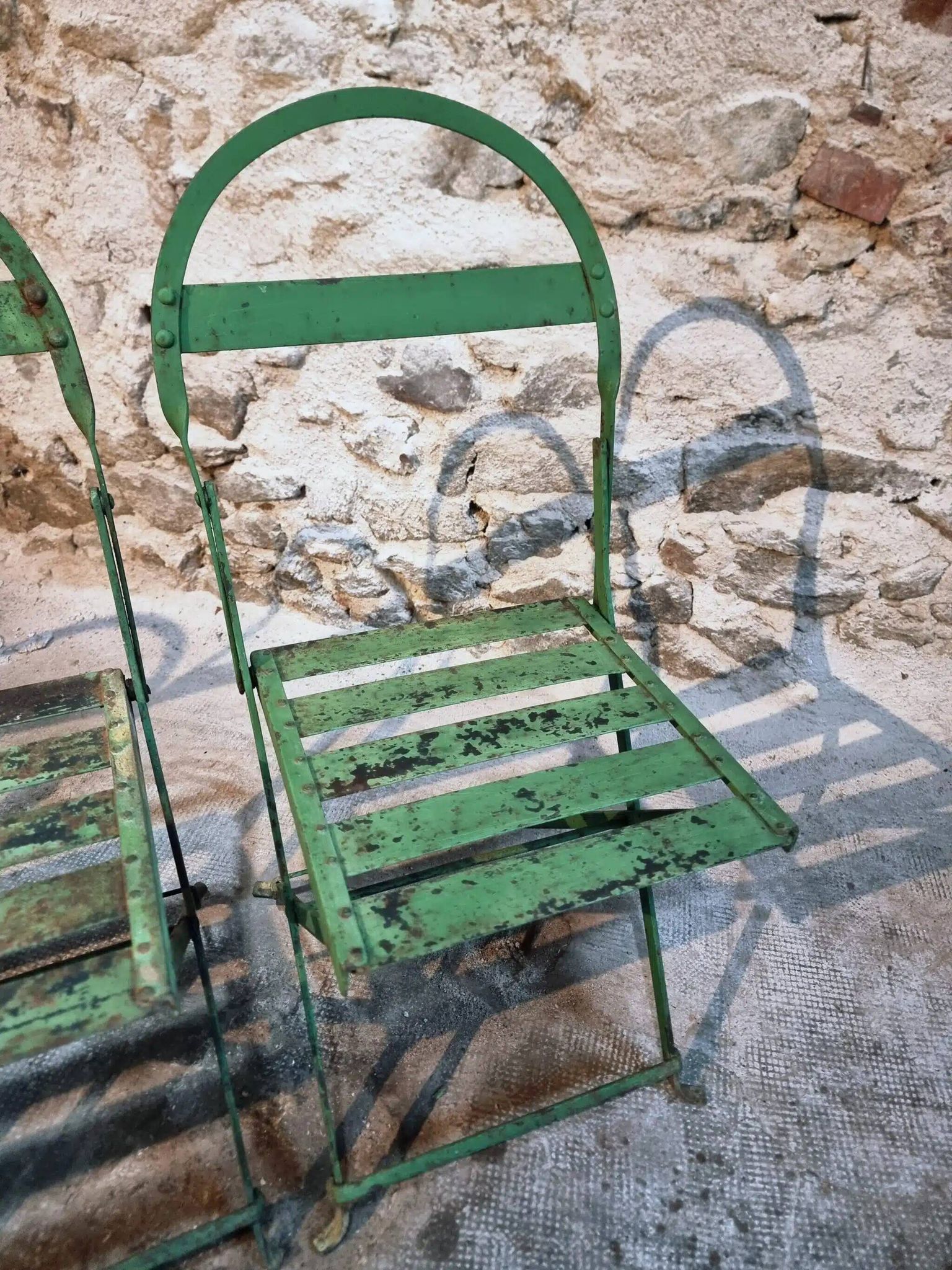 Set of 4 Antique Iron Folding Garden Chairs - 1920s Riveted Bistro Chairs with Aged Green Patina