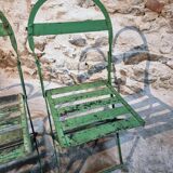 Set of 4 Antique Iron Folding Garden Chairs - 1920s Riveted Bistro Chairs with Aged Green Patina