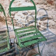 Set of 4 Antique Iron Folding Garden Chairs - 1920s Riveted Bistro Chairs with Aged Green Patina