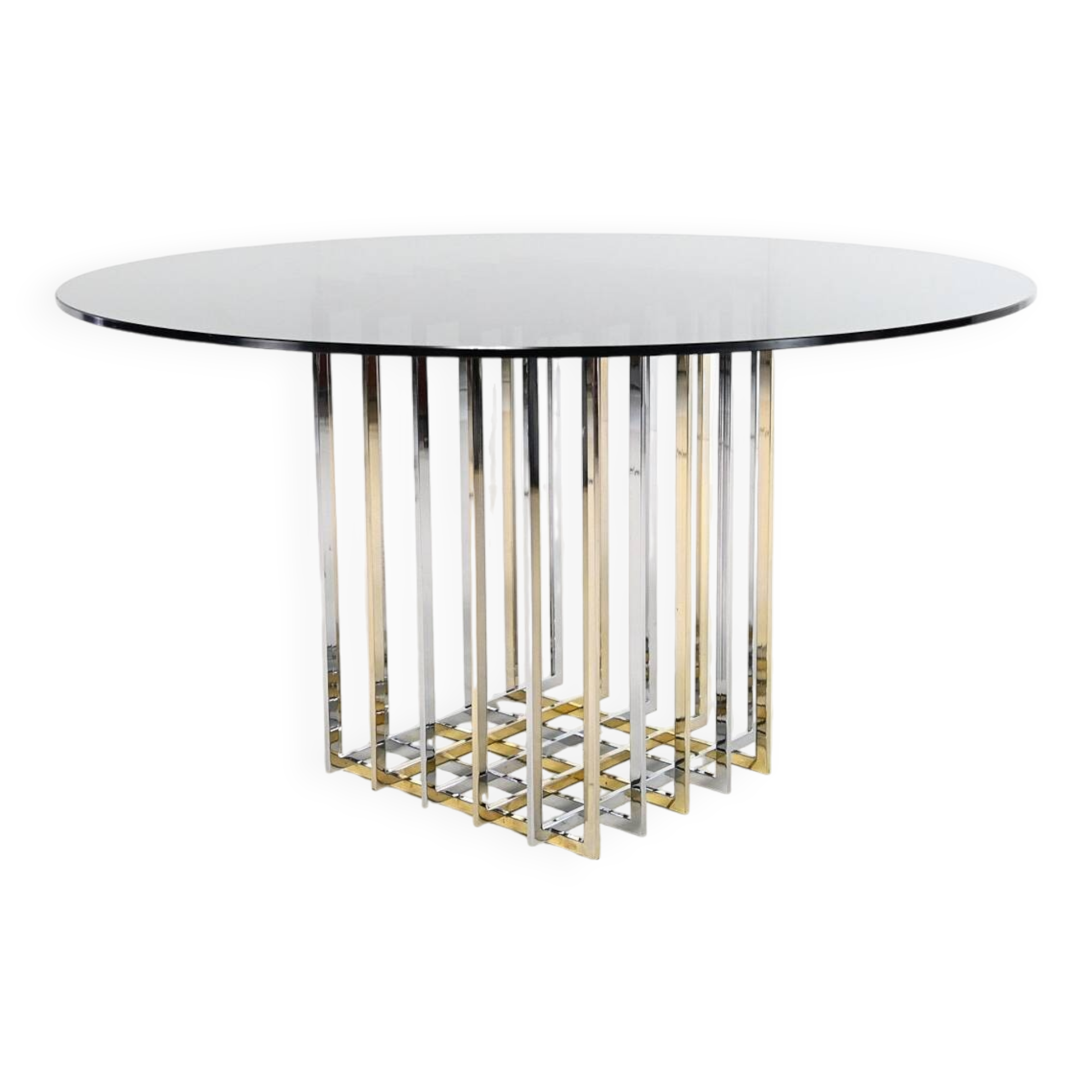 Pierre cardin, “cage” dining table, chrome and gilded steel. france, circa 1970.