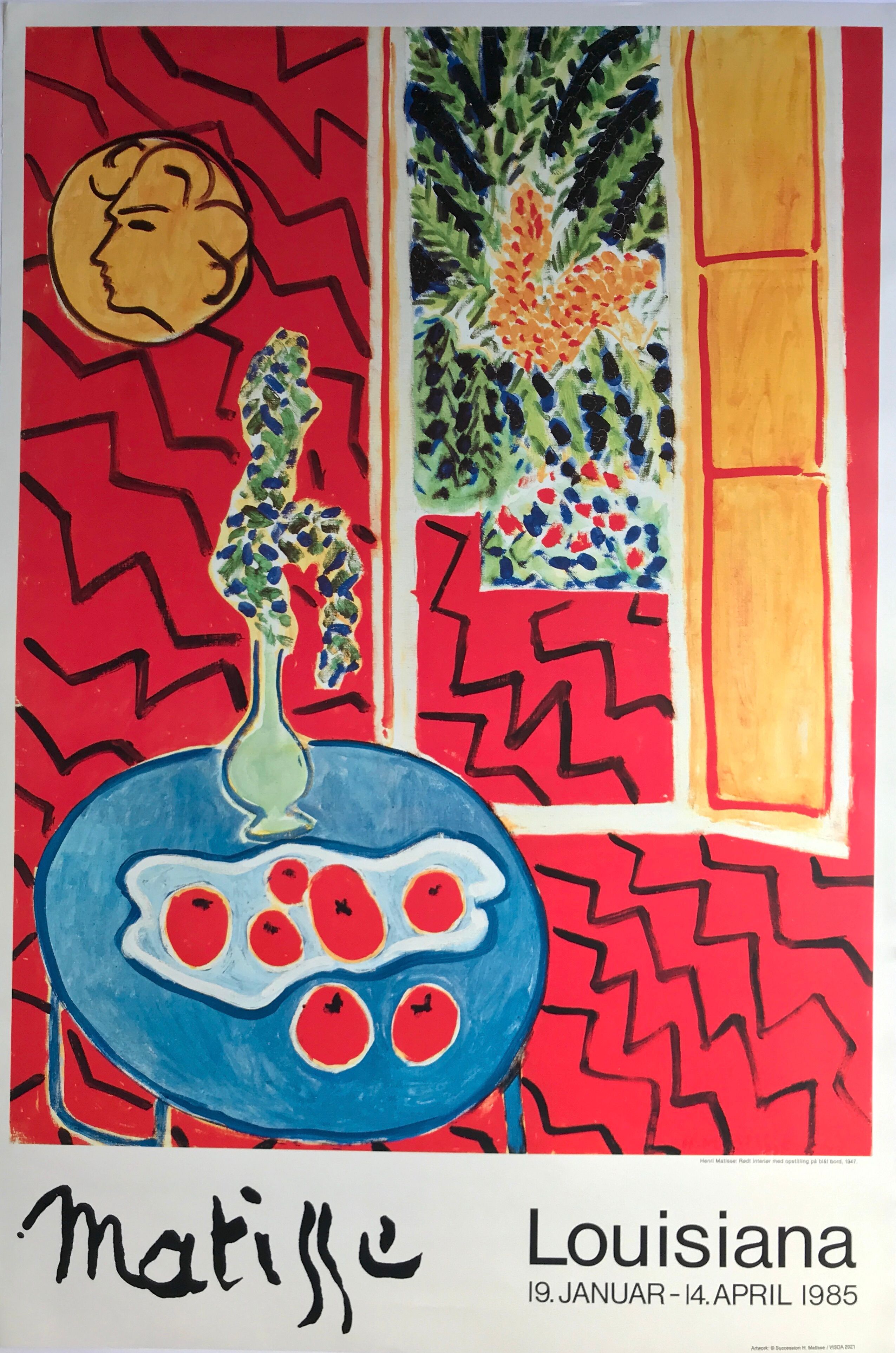 Original poster exhibition henri matisse, red interior, still life on blue table, 1947-1985