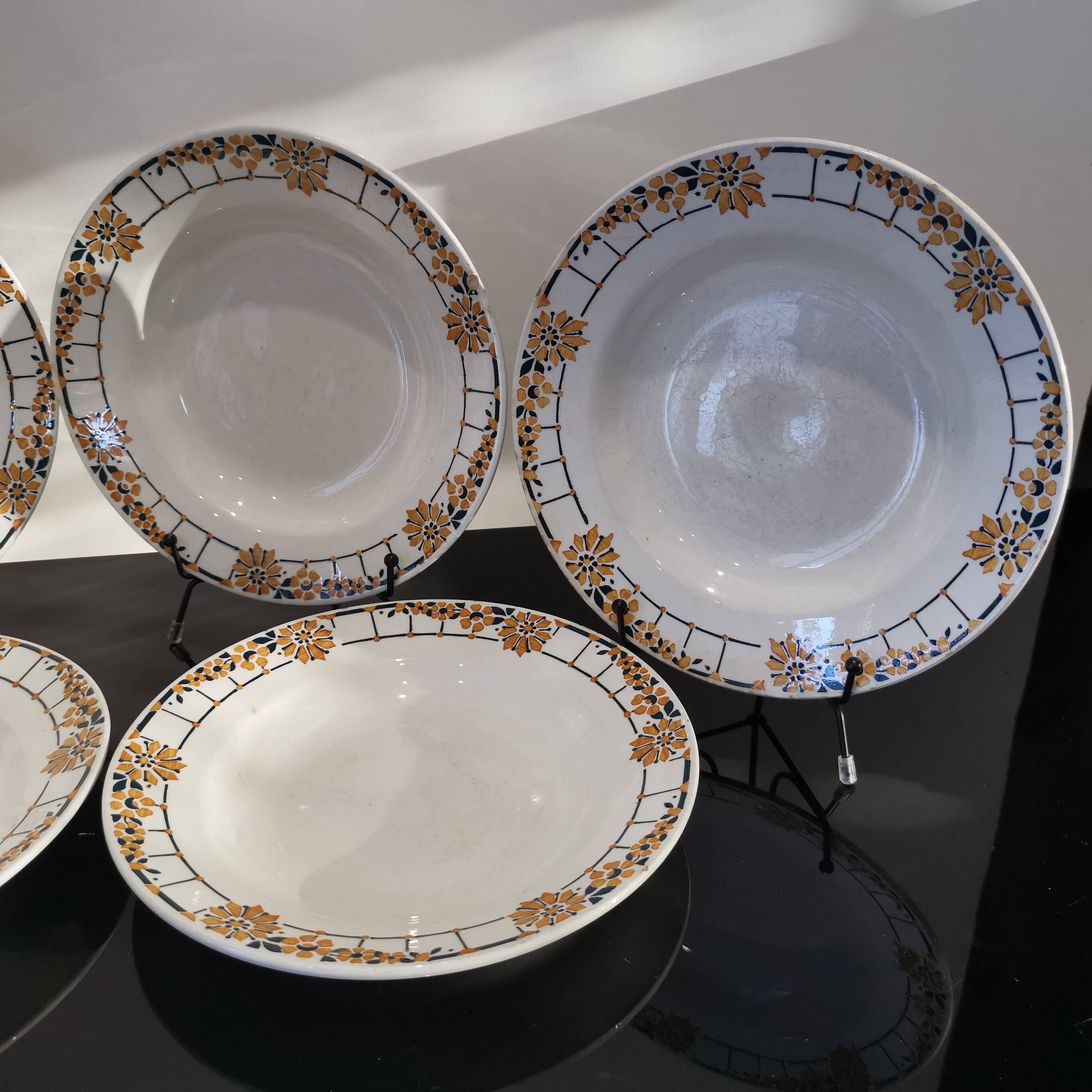 Series of 6 Saint Amand Ceranord soup plates, ocher and green pattern France