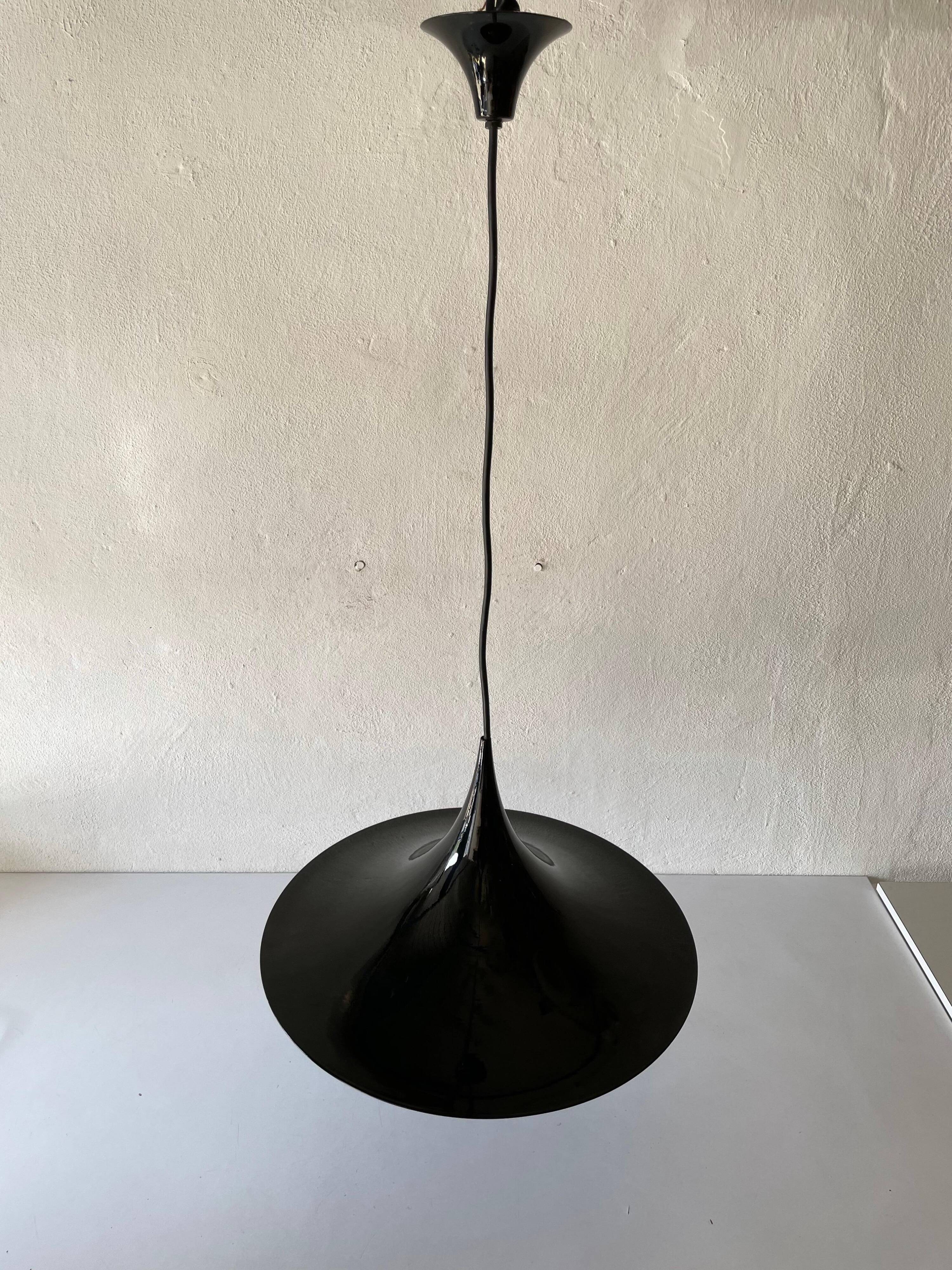Black metal pendant lamp with trumpet design, 1960s, Italy.