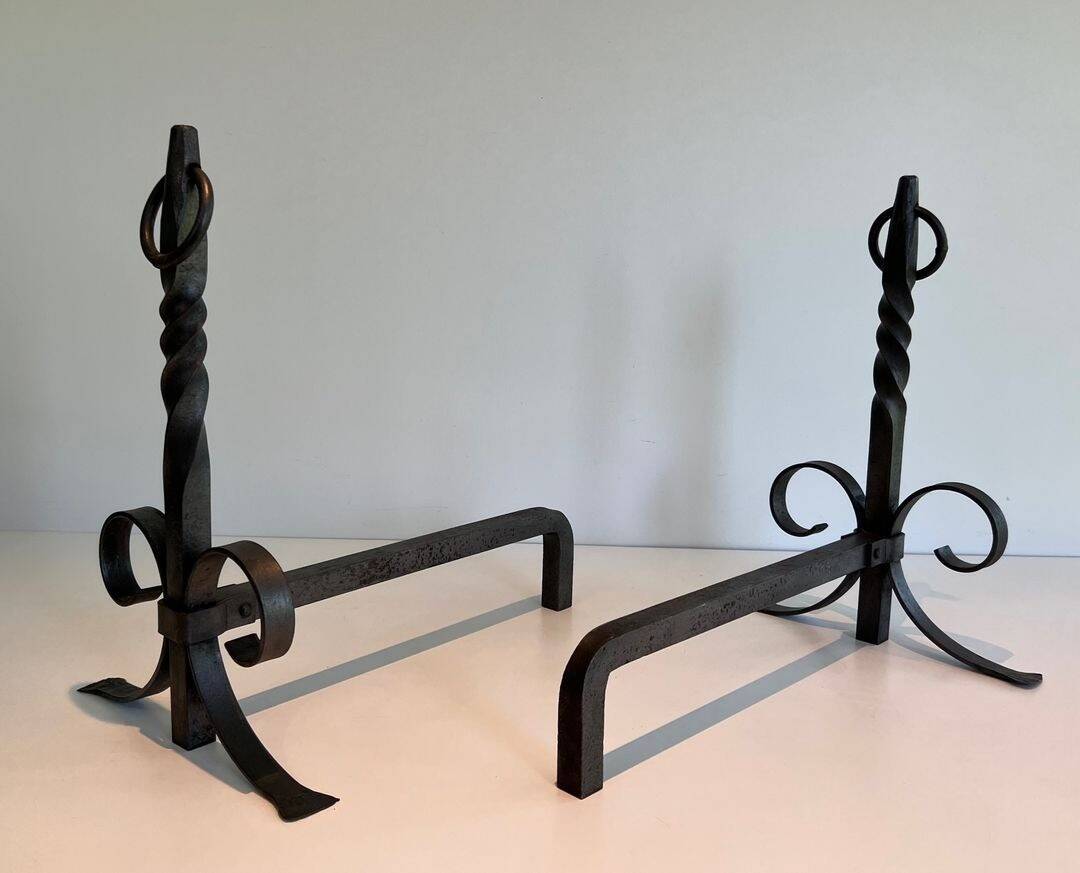 Pair of Neoclassical Fire Dogs in Wrought Iron with Twisted Columns, Finials