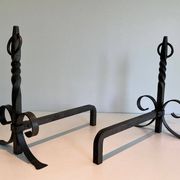 Pair of Neoclassical Fire Dogs in Wrought Iron with Twisted Columns, Finials