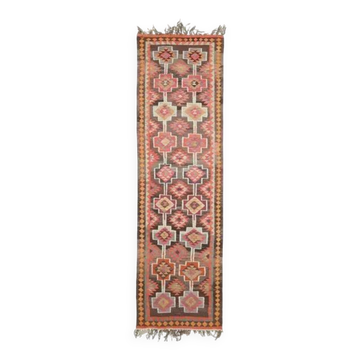 Tapis coureur vintage turc en laine et coton noué à la main des années 1970, 100x352.