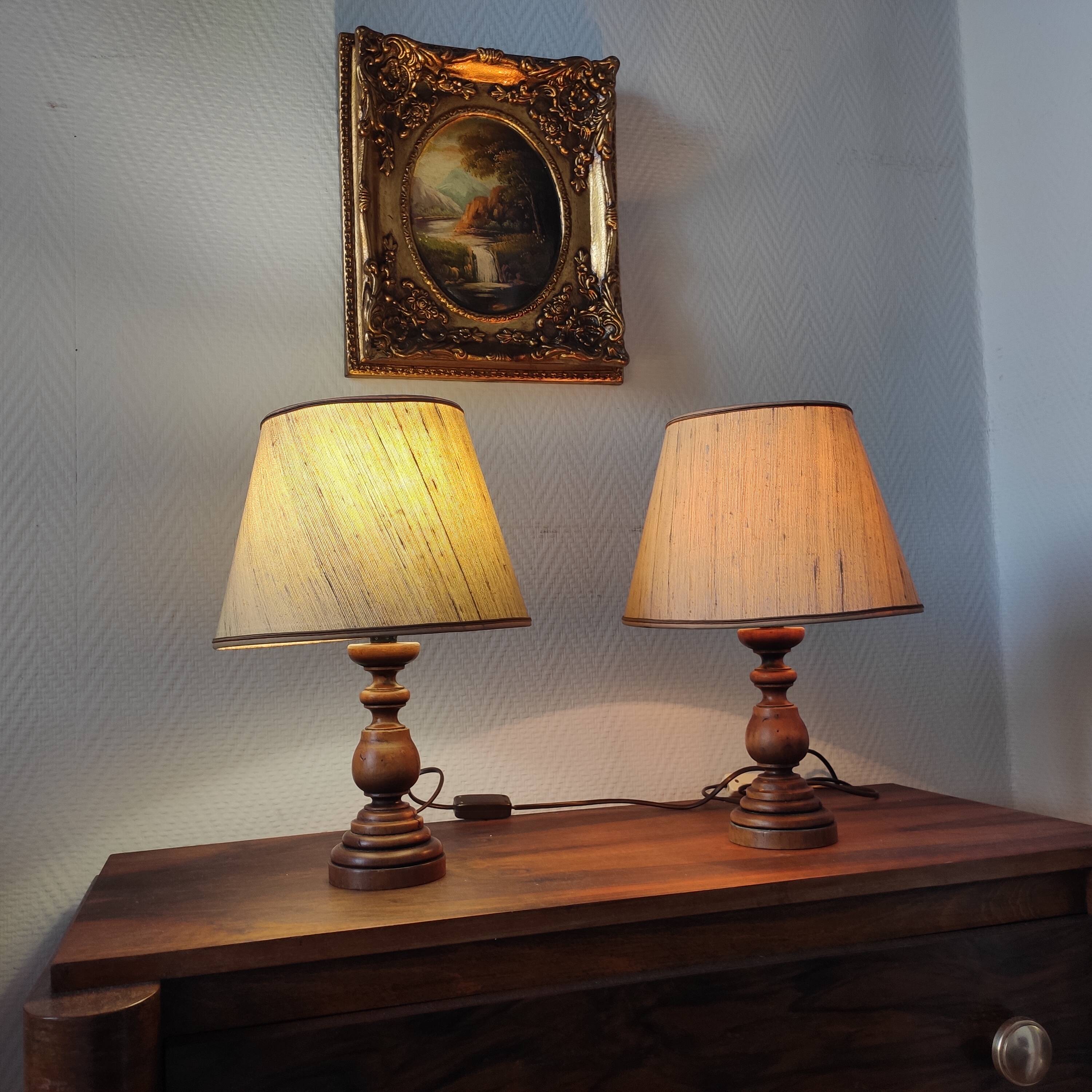 Pair of vintage turned wood lamps