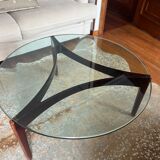 Table basse vintage danoise verre et bois de rose