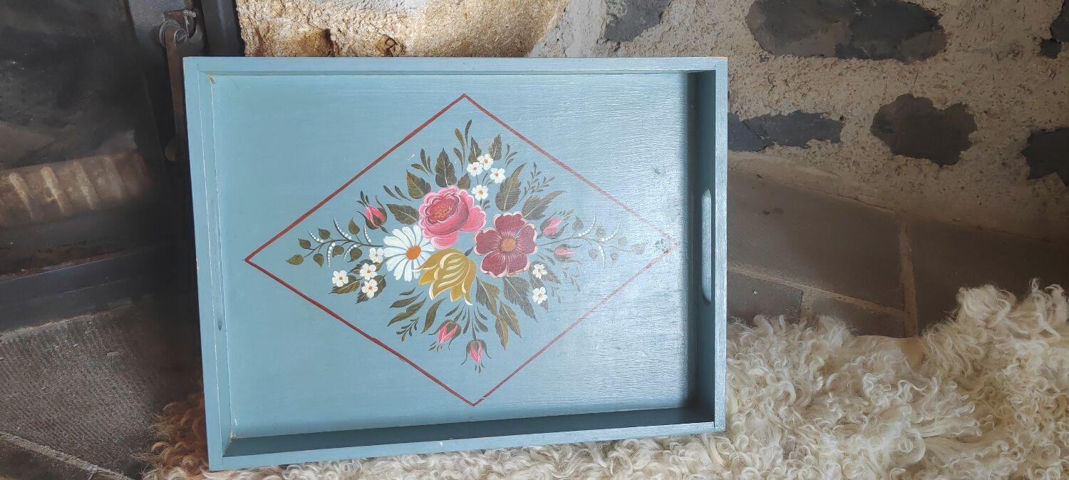 Hand-painted blue wooden tray