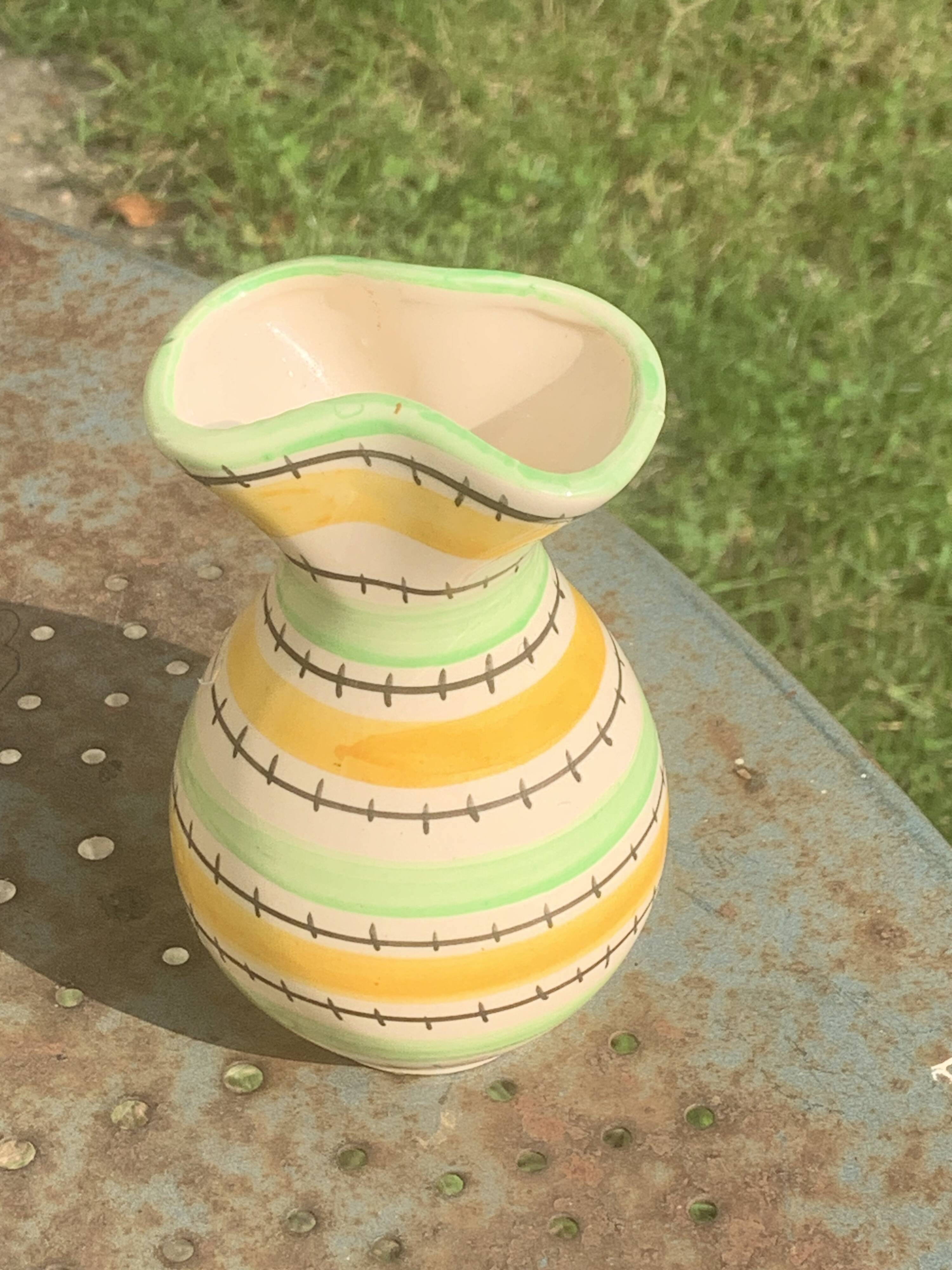 Green and yellow glazed ceramic vase, vintage pattern and design 1950/60