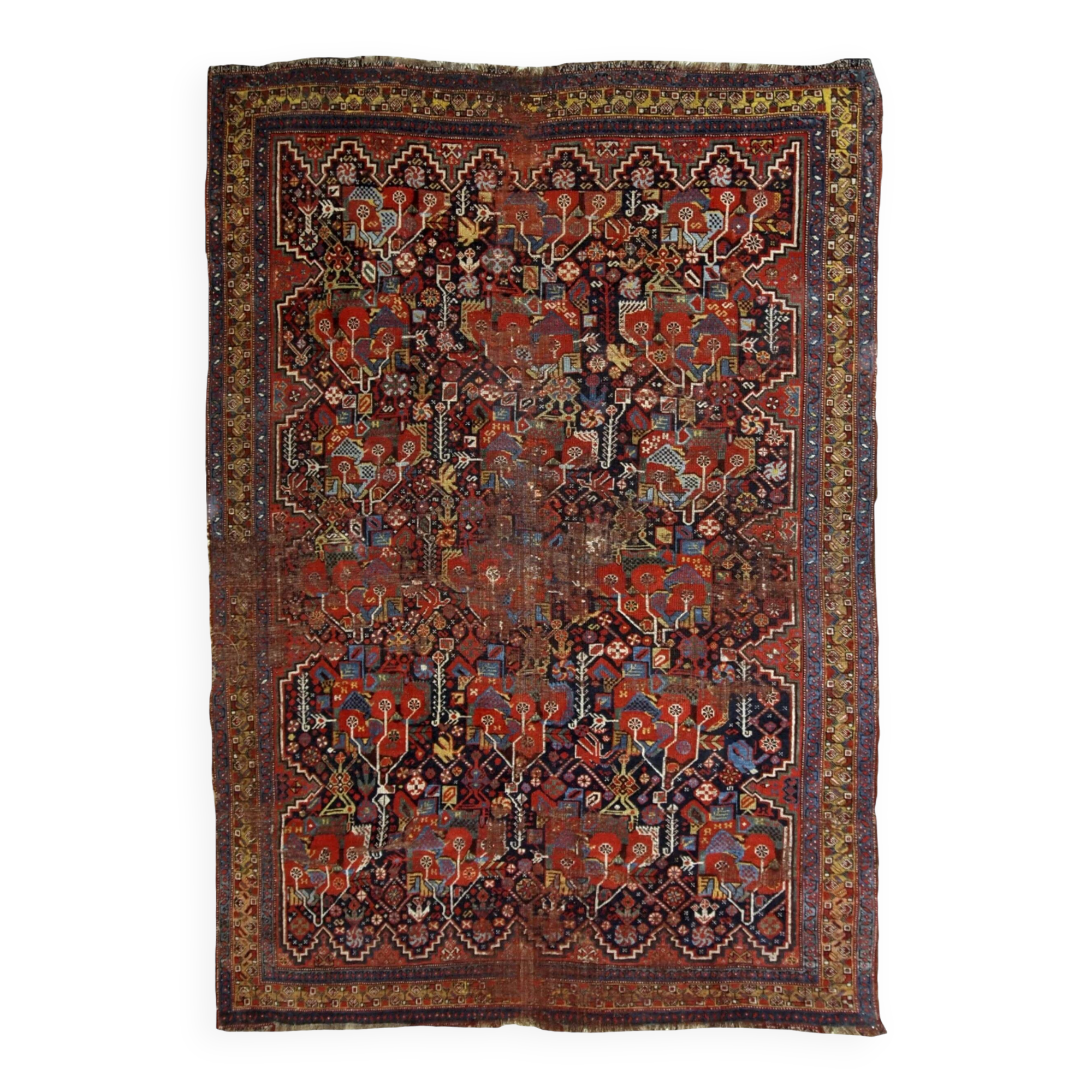Tapis persan Khamseh ancien fait main, 4,9' x 6,4' (149 cm x 195 cm), années 1840 - 1B663