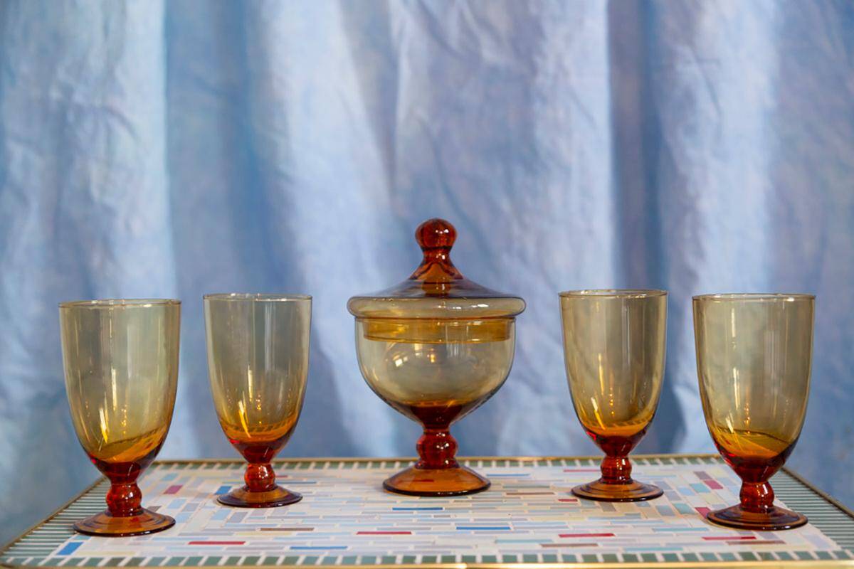 Set of four glasses and a sugar bowl Murano, Europe, 1960s