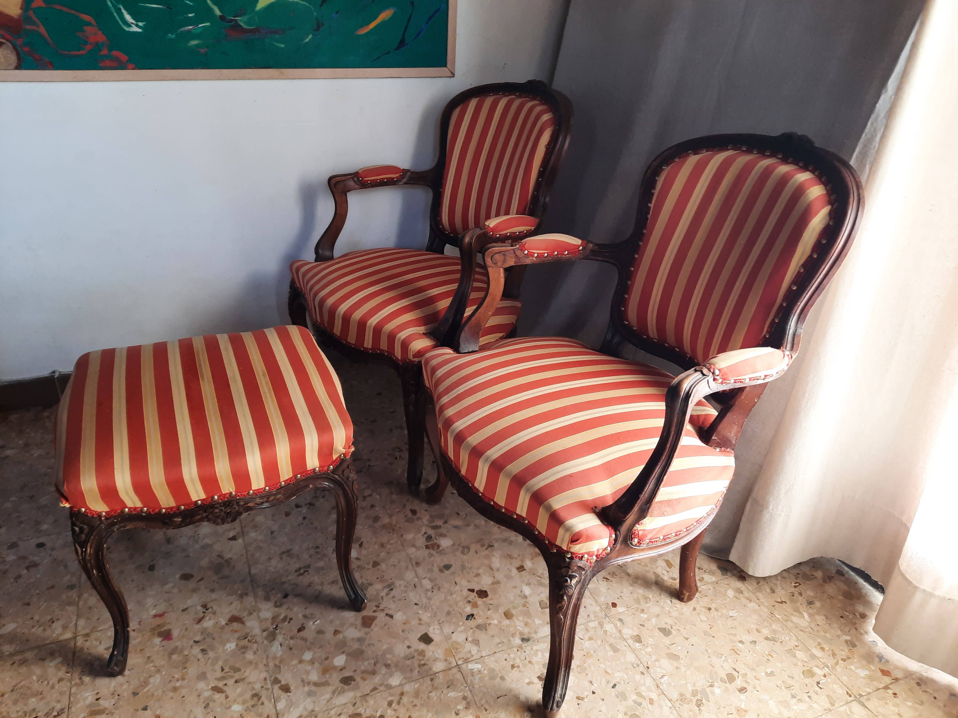 Pair of armchairs + stool in antique Louis XV style