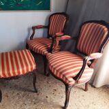 Pair of armchairs + stool in antique Louis XV style