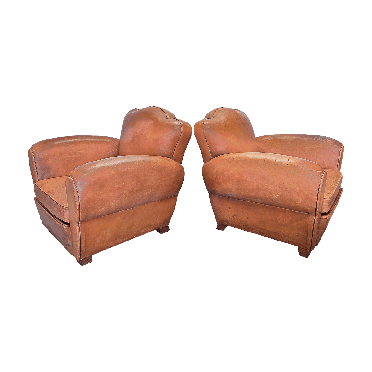 French Art Deco Style Leather Club Armchairs, 1950/60s