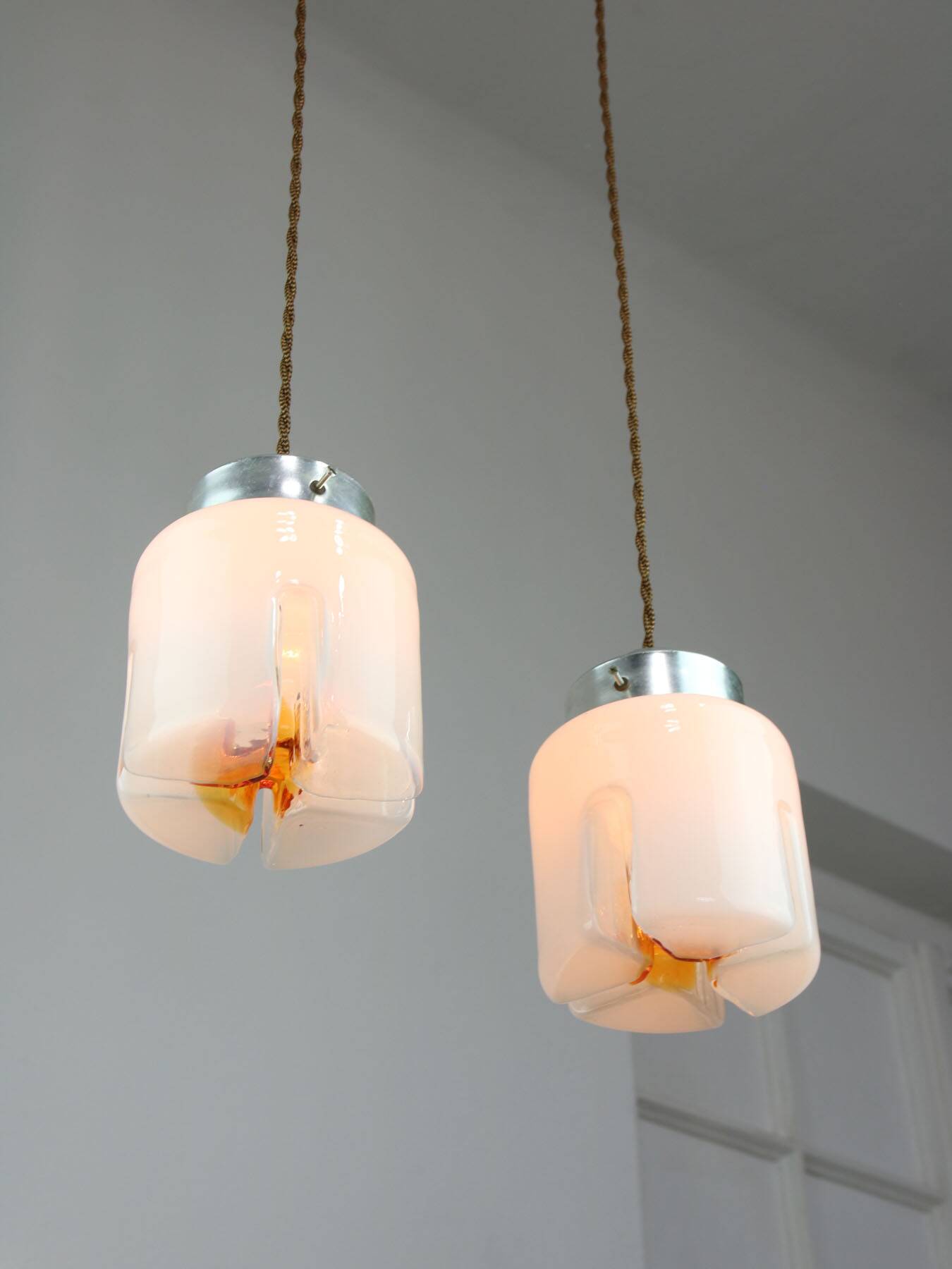 Mid-Century Italian Chrome and Glass Pendant Lamps, Set of 2