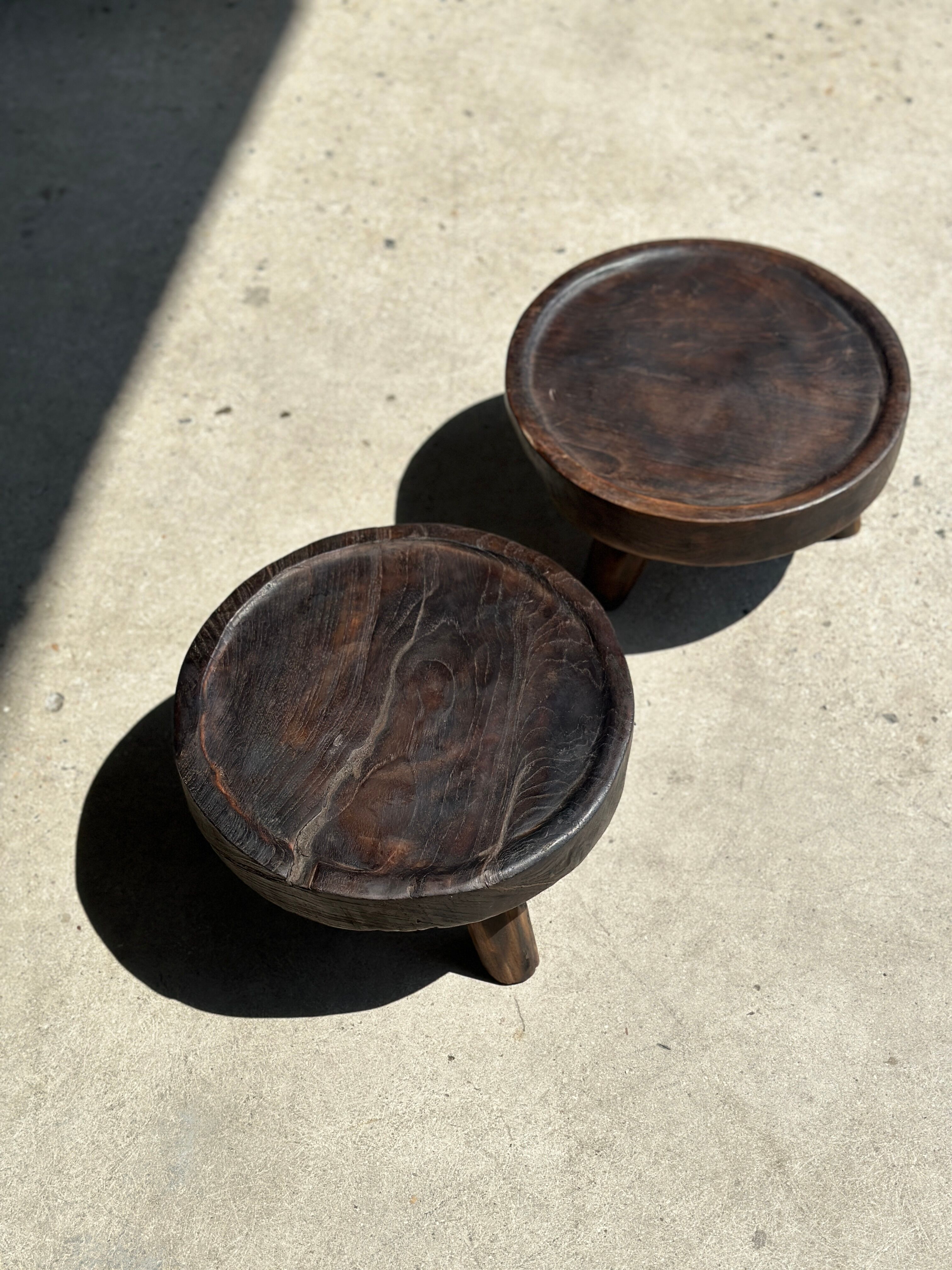 Small tripod stool low in dark brown upcycled teak