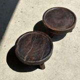 Small tripod stool low in dark brown upcycled teak