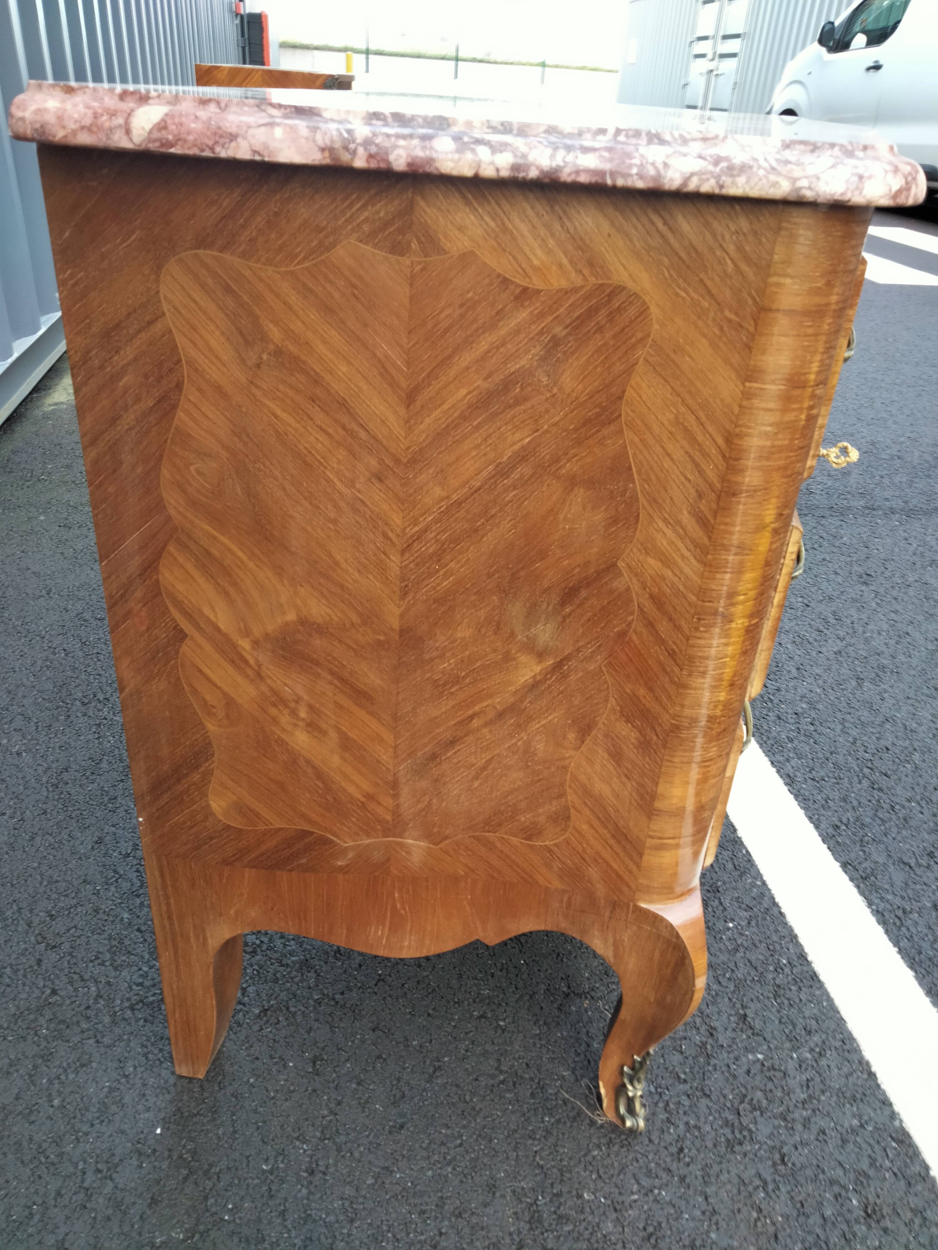 Chest of drawers old marquetry marble top Louis XV style
