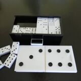 Complete set of miniature dominoes in black and white box.