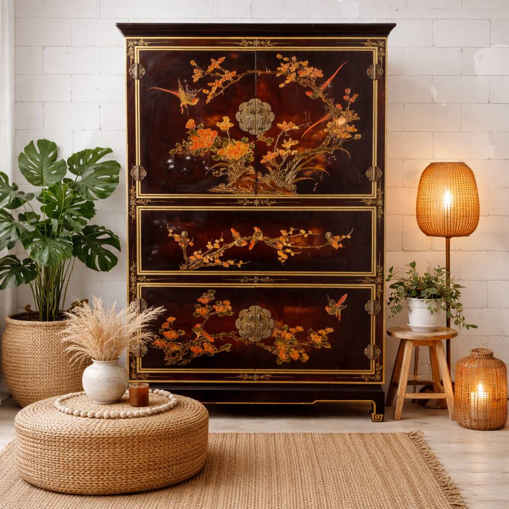 Vintage red / gold Chinese lacquer cabinet with flowers and birds