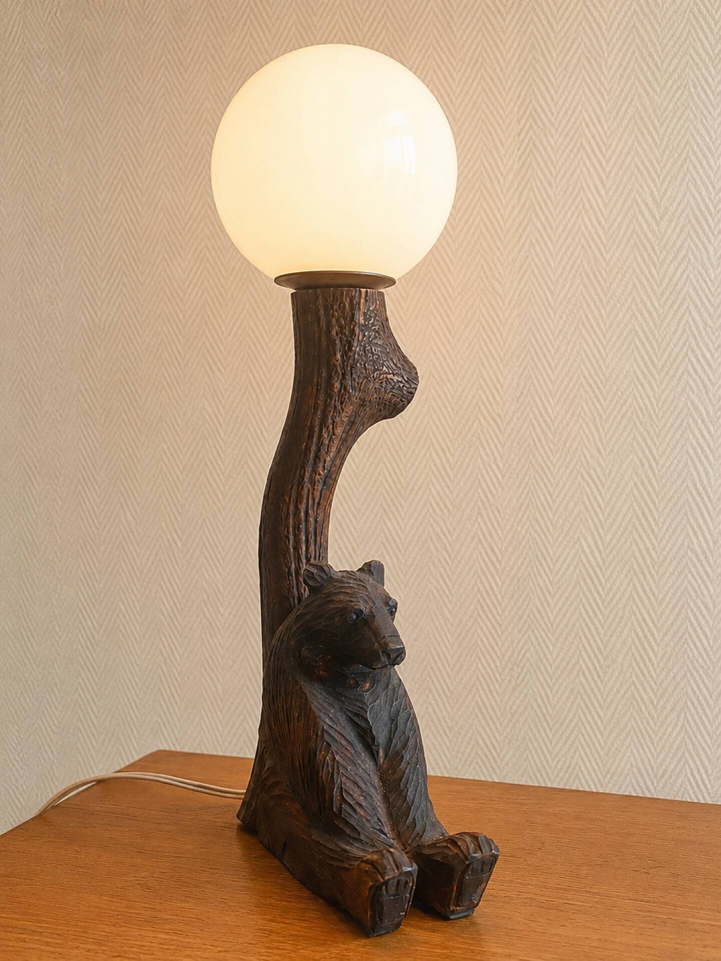 Art Deco carved wooden lamp base bear