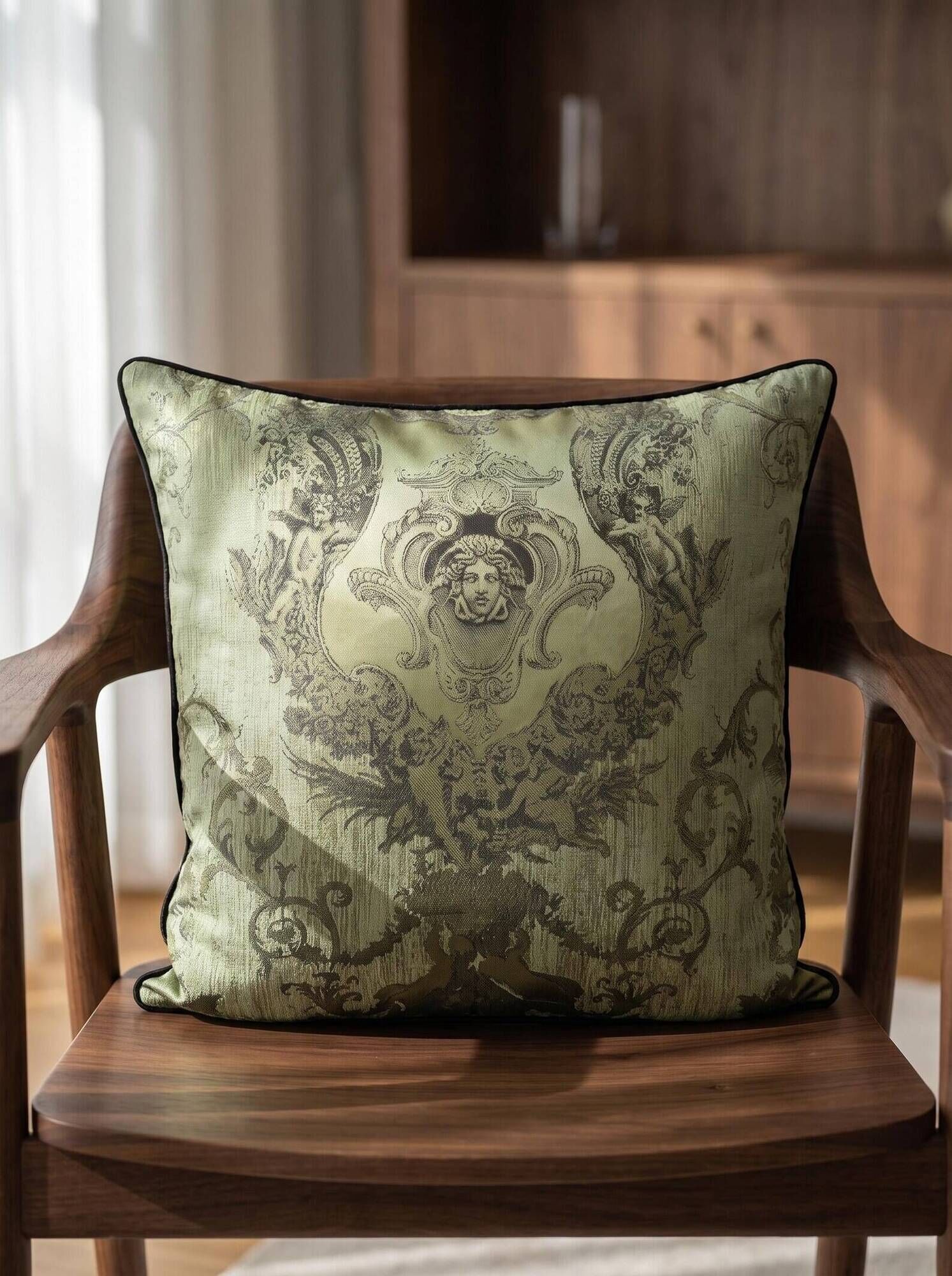Neoclassical Medusa Medallion Cushion, Black Piped Jacquard Pillow Cover