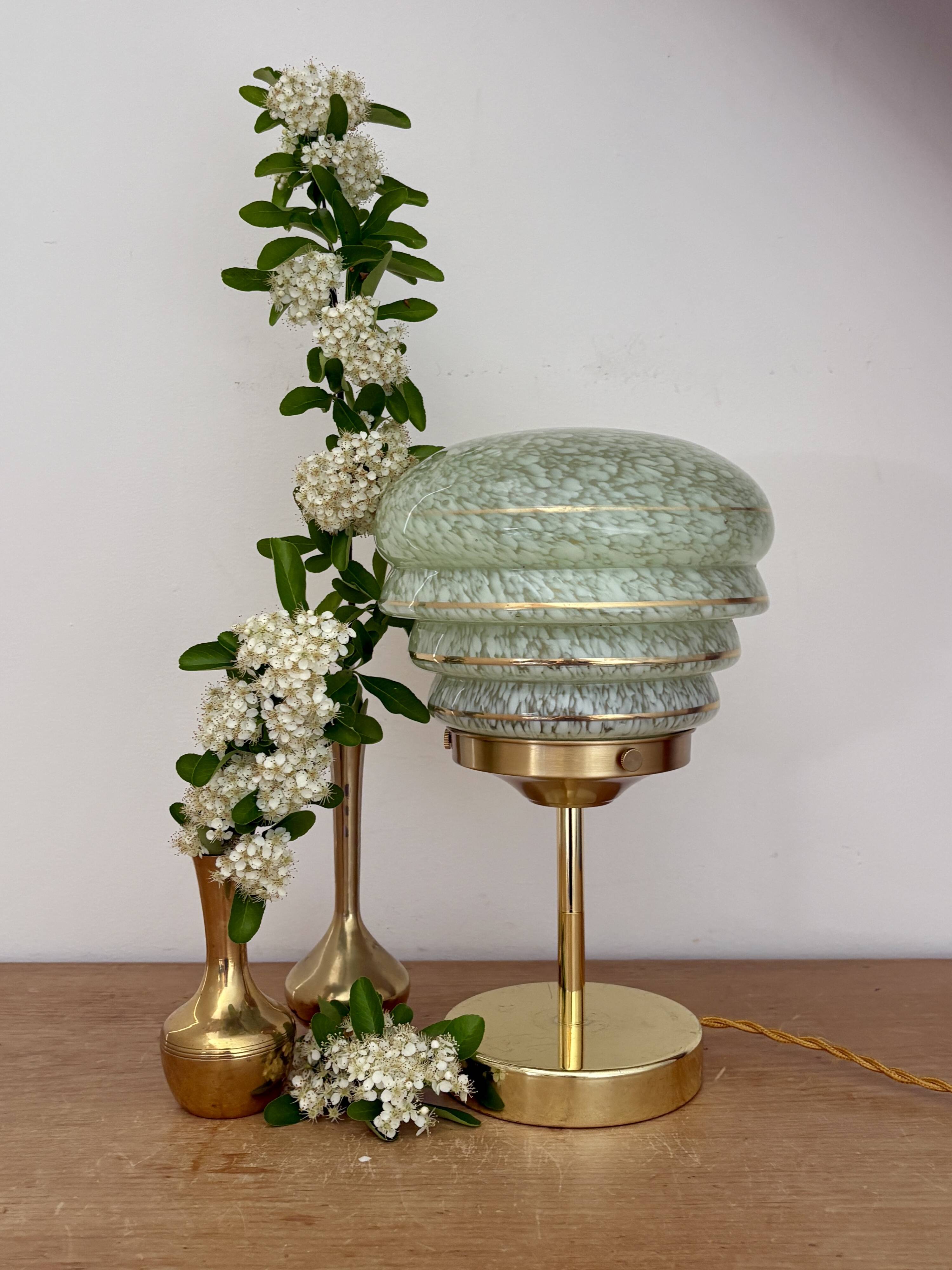 Vintage art deco globe table lamp in green and gold Clichy glass