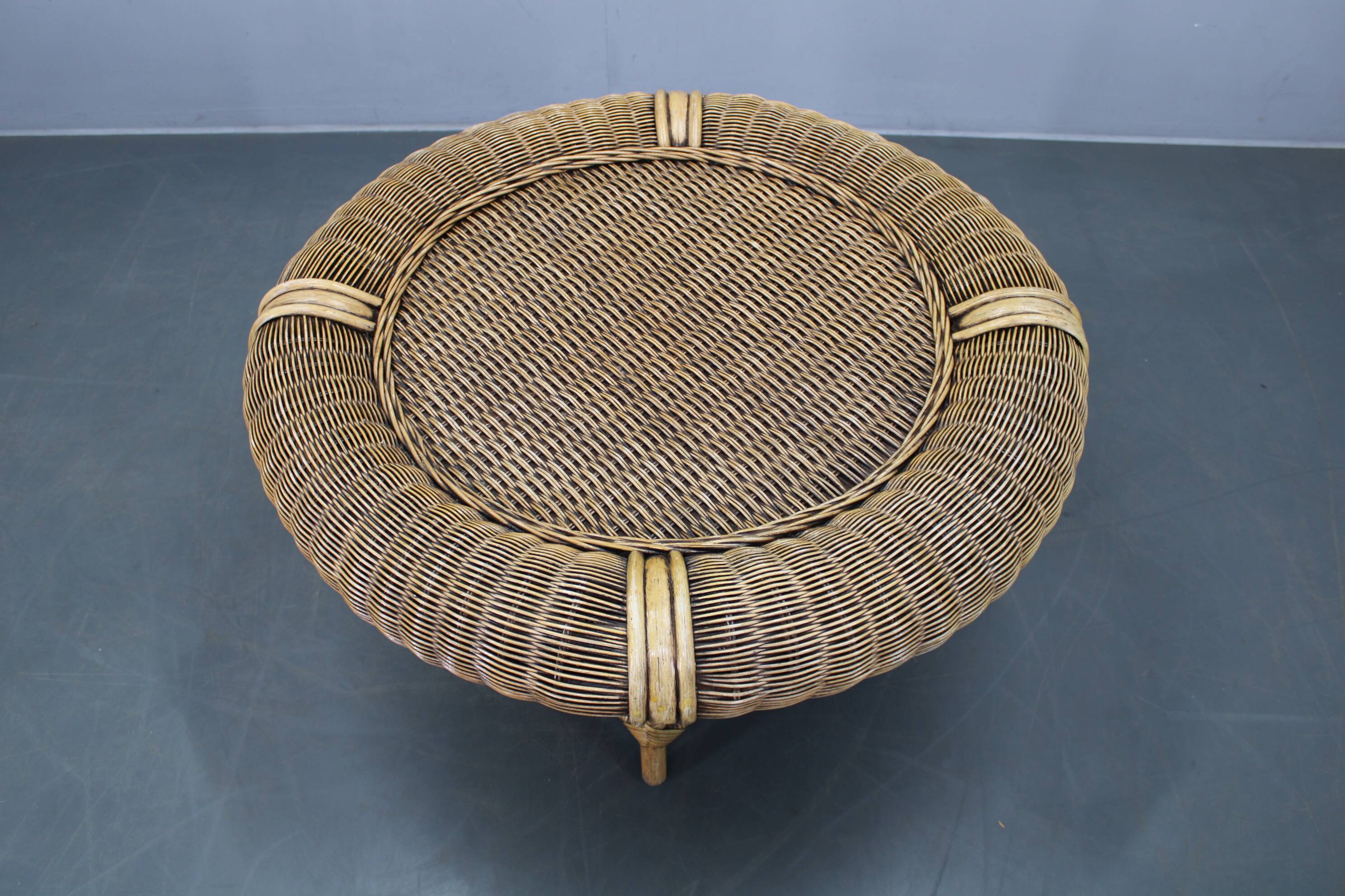 Vintage organic rattan armchair and round coffee table set, 1980s-1990s