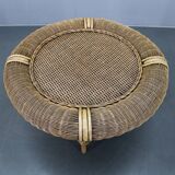 Vintage organic rattan armchair and round coffee table set, 1980s-1990s