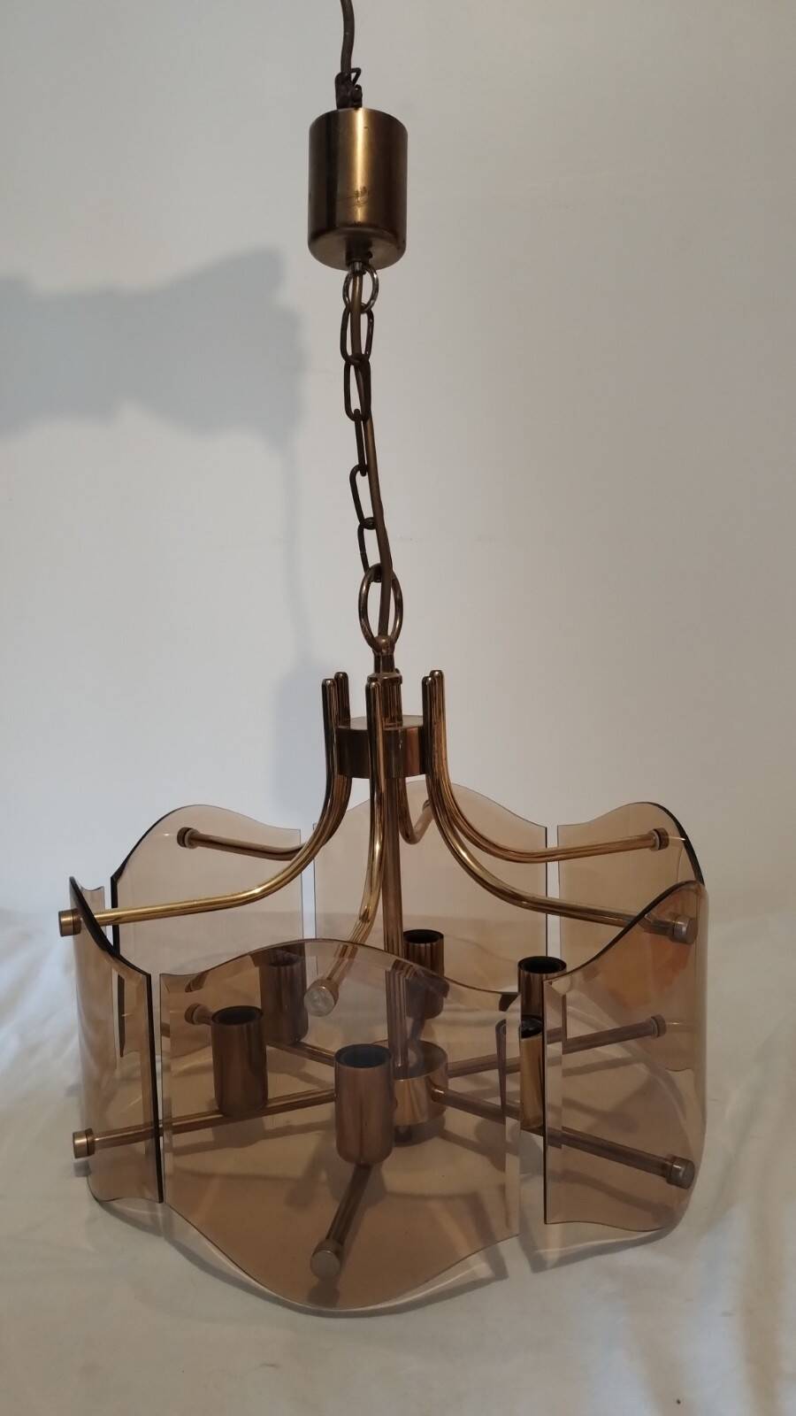 Vintage brass and smoked glass chandelier