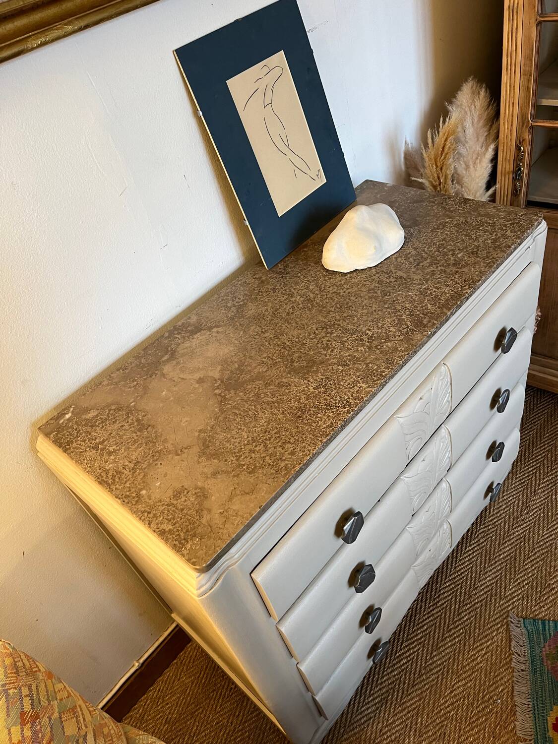 Vintage art deco chest of drawers in wood and marble mustache foot