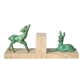 Marble and green patina metal bookends, vintage style bookends, animals, paperweight