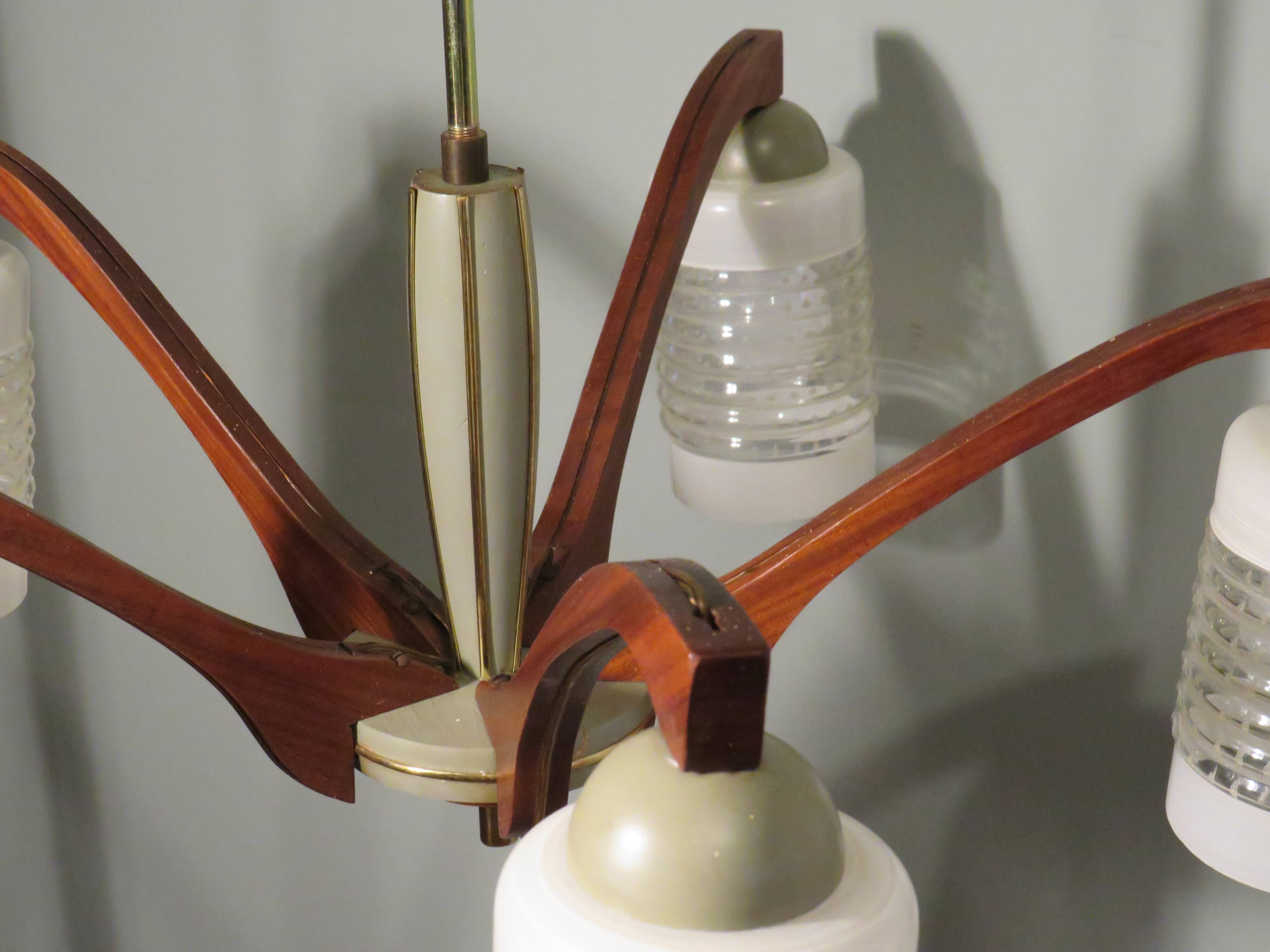 Chandelier, teak and engraved glass, 1950 Italy