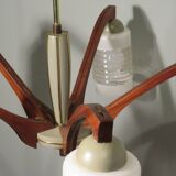 Chandelier, teak and engraved glass, 1950 Italy