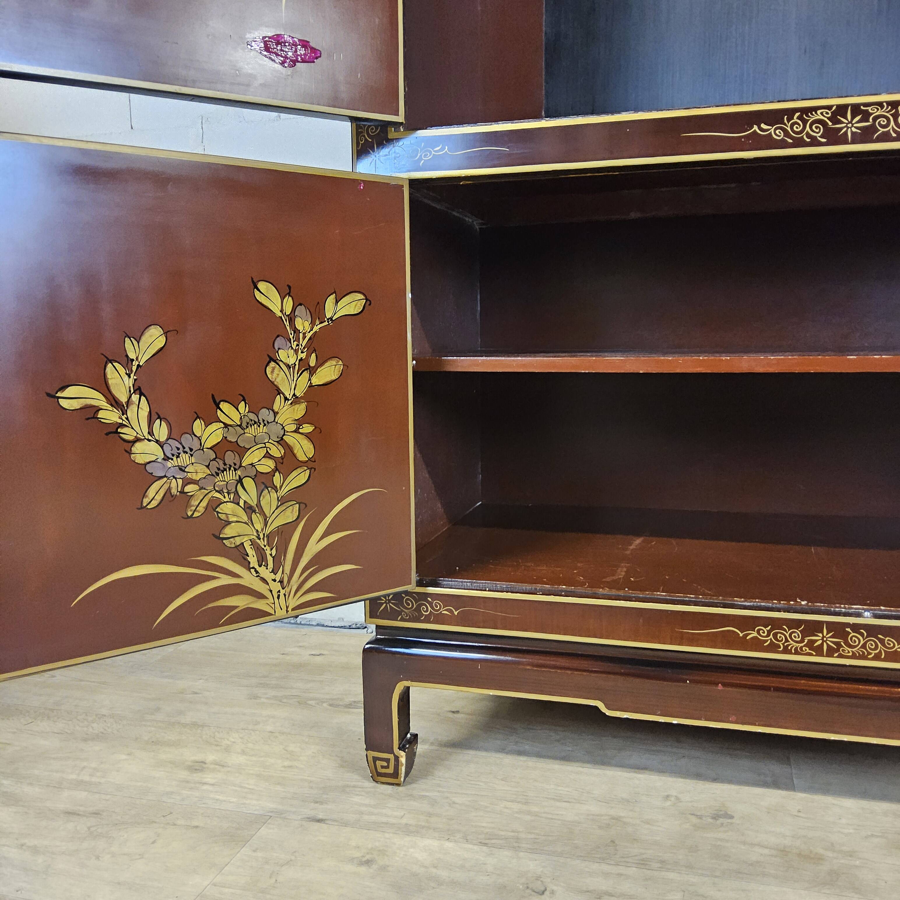 Vintage Chinese cabinet gold leaf / flowers and birds / bohemian